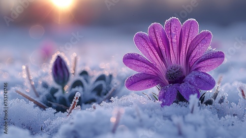 a close up of a purple flower in a field of snow with the sun shining in the distance behind it. photo