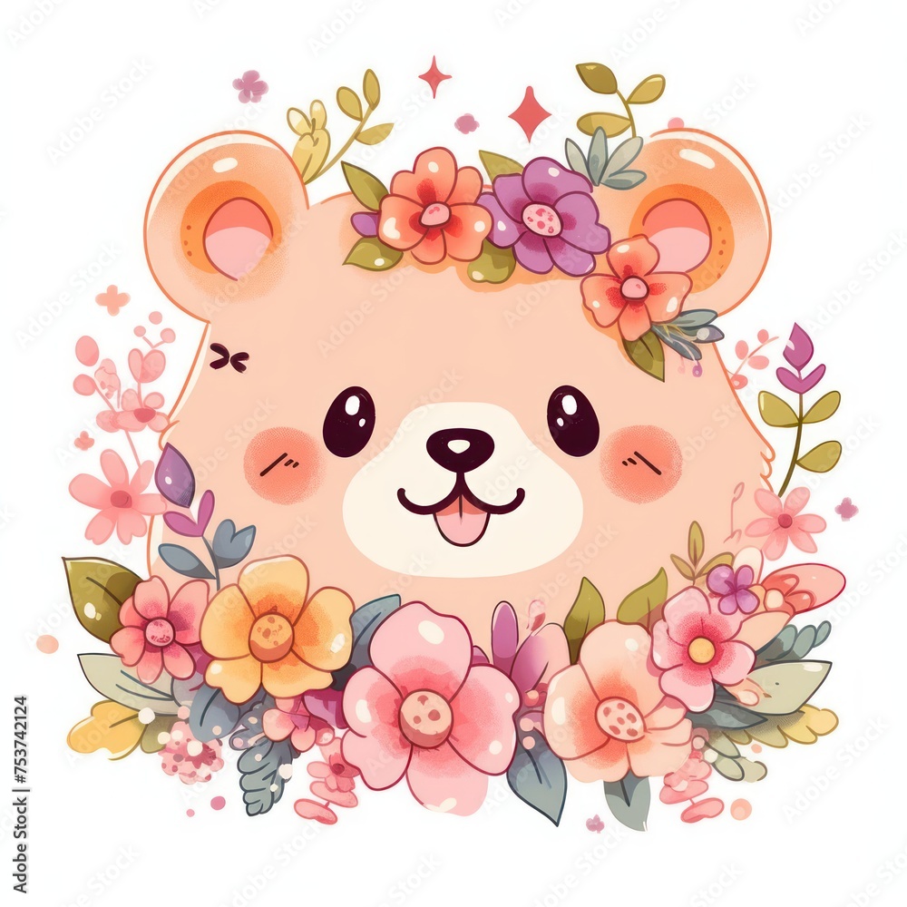 A cute cartoon bear with a flower crown on its head. The bear has a big smile and is surrounded by a colorful floral arrangement A cute cartoon bear with a flower crown on its head. The bear has a big smile and is surrounded by a colorful floral arrangement