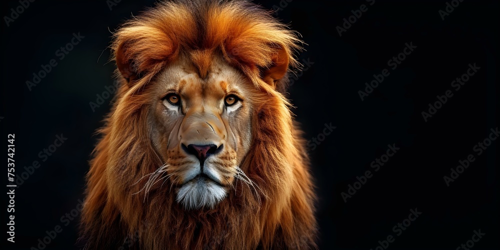 Magnificent Golden Lion with a Fiery Mane Amidst a Dark Background. Concept Animal Photography, Lion Portraits, Artistic Editing, Nature Beauty, Dramatic Imagery