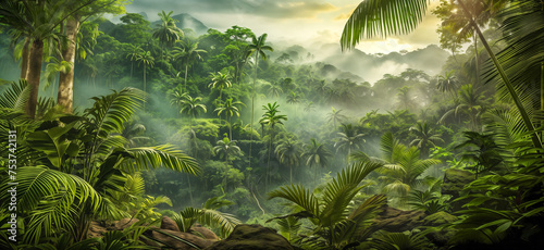 panorama view of tropical rainforest. Panoramic landscape of green jungle, Tropical rain forest jungle