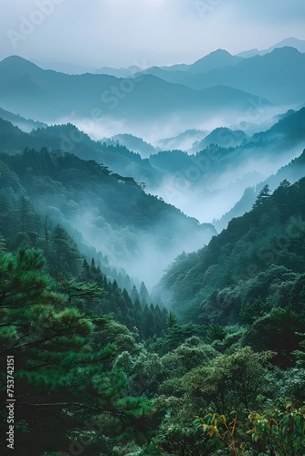 Japanese-style Landscape with Foggy Mountains and Misty Forest © vanilnilnilla