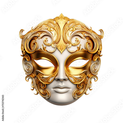 Vivid depiction of a golden opera mask with a single striking eye, isolated on a pristine white background 