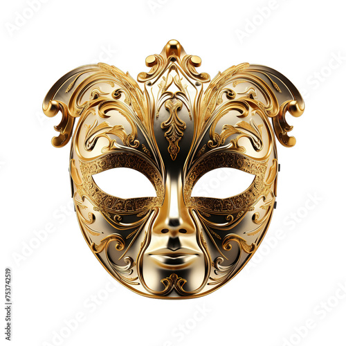 Vivid depiction of a golden opera mask with a single striking eye, isolated on a pristine white background 