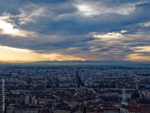 View of Lyon from Fourviere, Bellecour, Cours Gambetta, and distant alps on a cloudy winter morning, Lyon France