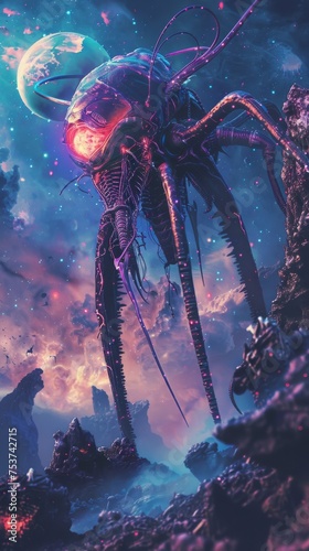 Alien creature on a neon planets photo