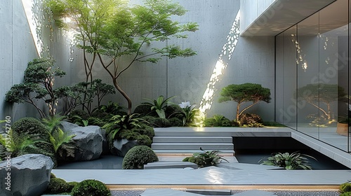 A modern minimalist concrete residential atrium with graceful plants. Generative AI.