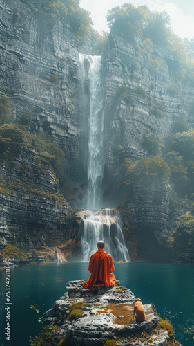 A Zen monk sits in serene meditation on the edge of a cliff watching a huge waterfall with his dog,generative ai photo