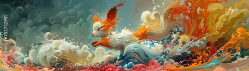 Whimsical cartoon animals embark on vibrant, surreal adventures in colorful illustrations. © Fokasu Art