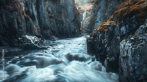 A rushing river flowing through the mountains of wales