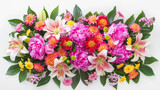 A breathtaking arrangement of peonies, lilies, and carnations creating a symphony of color against a clean white background, perfect for sending seasonal greetings. Top view