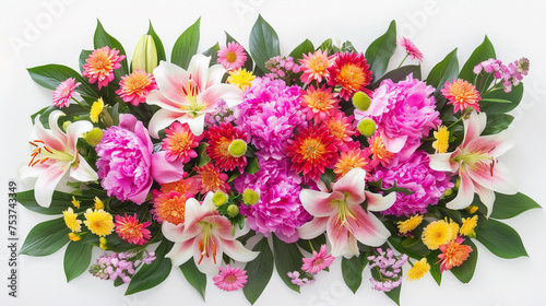 A breathtaking arrangement of peonies, lilies, and carnations creating a symphony of color against a clean white background, perfect for sending seasonal greetings. Top view © zooriii arts