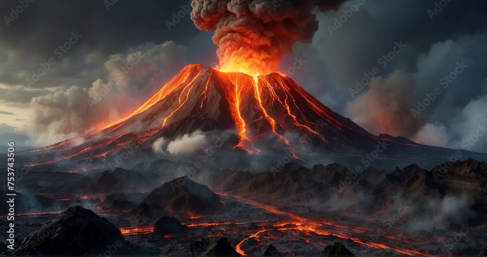 Illustrate a scene of a volcanic eruption in progress, capturing the ultra-realistic details of ash clouds, rocks being expelled, and molten lava spewing into the air. -AI Generative