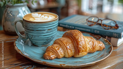 a blue plate topped with a croissant and a cup of coffee next to a pair of reading glasses.