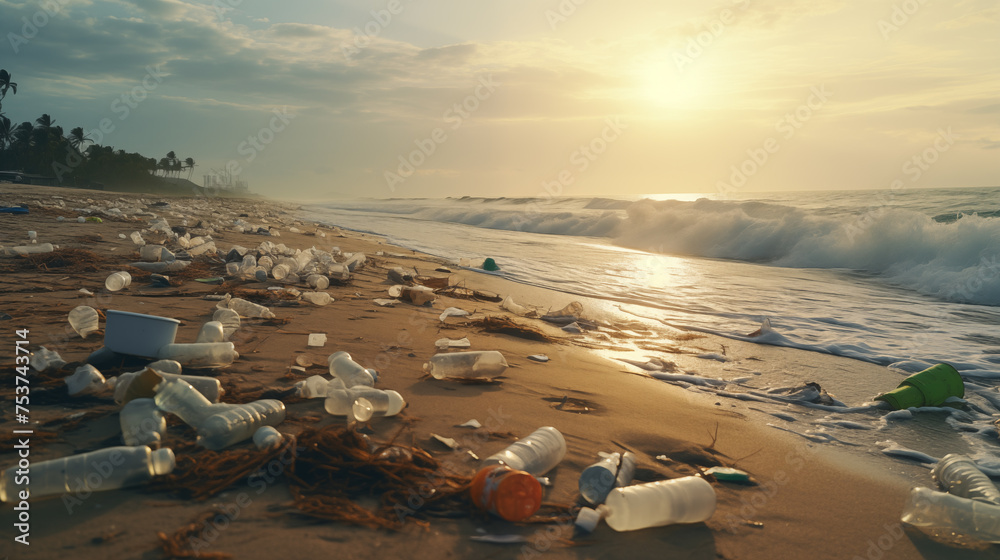 Pile of garbage on the beach. Beach trash. Pile of garbage on the beach. Beach trash.