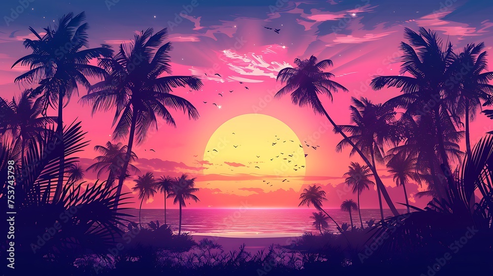 Background with sunset sky and palm trees