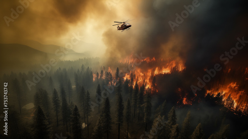 Natural Disaster: Forest Fire, Helicopter Extinguishing Flames.