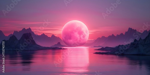 A vibrant pink moon illuminates a surreal purple landscape on an alien world. Concept Fantasy  Space  Extraterrestrial  Moonlight  Surreal