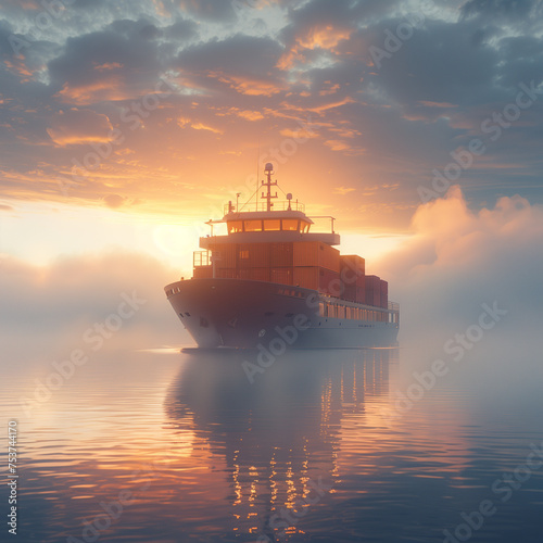 A large red ship is in the water with fog surrounding it