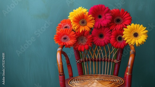 a wicker chair with a bunch of colorful flowers in it's back and a green wall behind it. photo