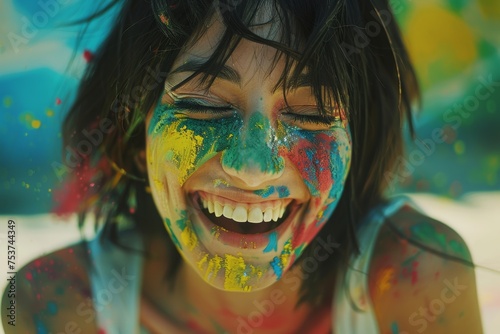 A joyous woman covered in vibrant paint laughs, embodying the celebration of Holi, the festival of colors and happiness.