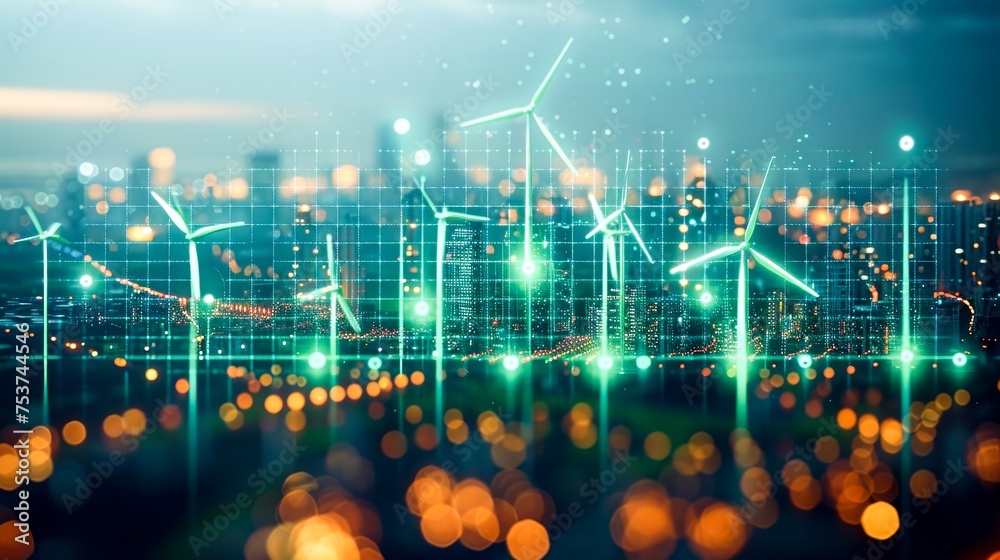 Obraz premium Stock market graphs and economic data visualized with icons of solar panels and wind turbines, uprising green stock market graph, green symbols, positive, positivity. Generative AI.