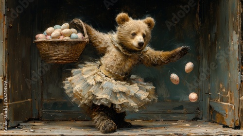 a painting of a teddy bear dressed in a tutu and holding a basket of eggs in front of a door. photo