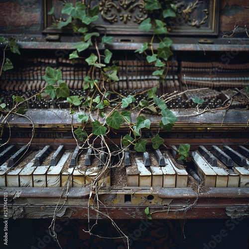 Roots sprawling over an old piano a symphony of growth and decay as delicate green shoots sprout among the ebony and ivory keys