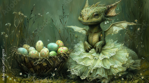 a painting of a baby dragon in a dress next to a basket of eggs with a dragon on top of it. photo