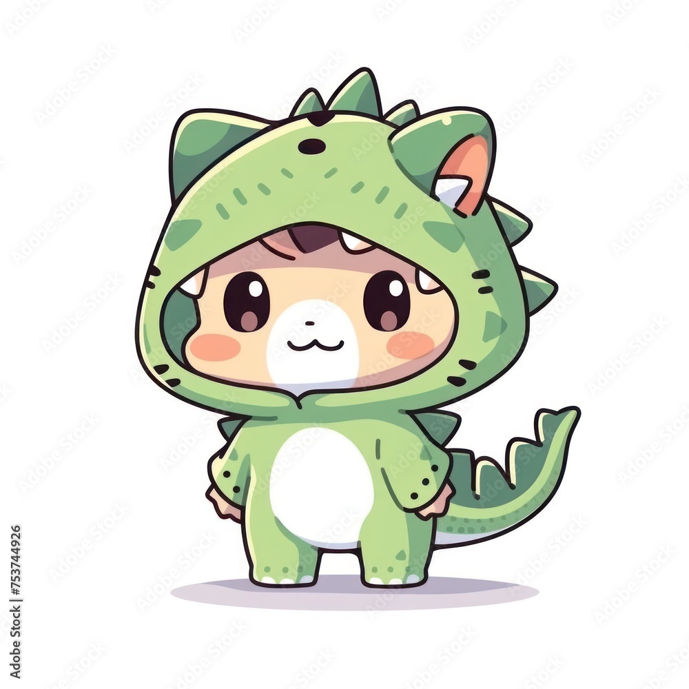 Illustration of a smiling cat cartoon character in green dinosaur costume Illustration of a smiling cat cartoon character in green dinosaur costume