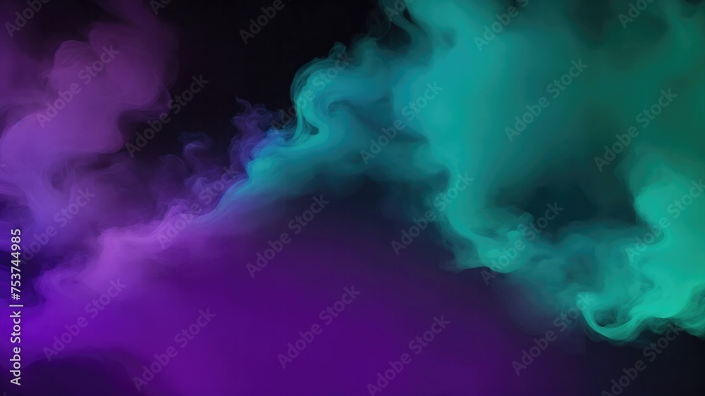 Cyan, Teal, and purple colors Dramatic smoke and fog in contrast on a black background