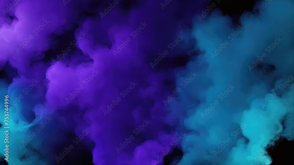 Cyan, Teal, and purple colors Dramatic smoke and fog in contrast on a black background
