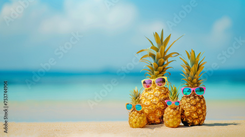 Quirky pineapples wearing colorful sunglasses laying on a sandy beach against a clear blue sky, exuding tropical vacation vibes