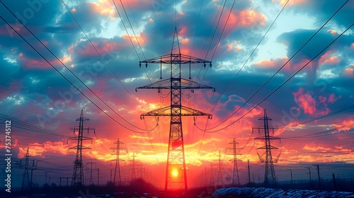Power towers and storm clouds at sunset. Generative AI.