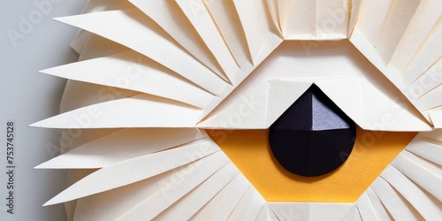 Paper origami with a black and yellow eye on a white background. photo