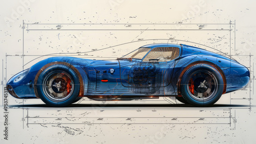 a side of the image is in blueprint technical drawing style of a experimental car,generative ai