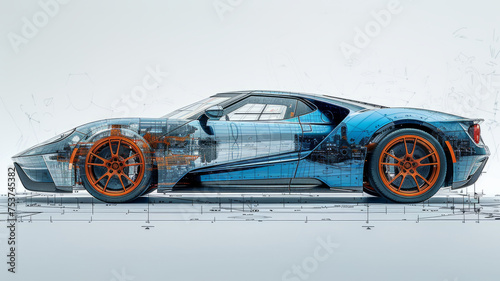 a side of the image is in blueprint technical drawing style of a experimental car,generative ai