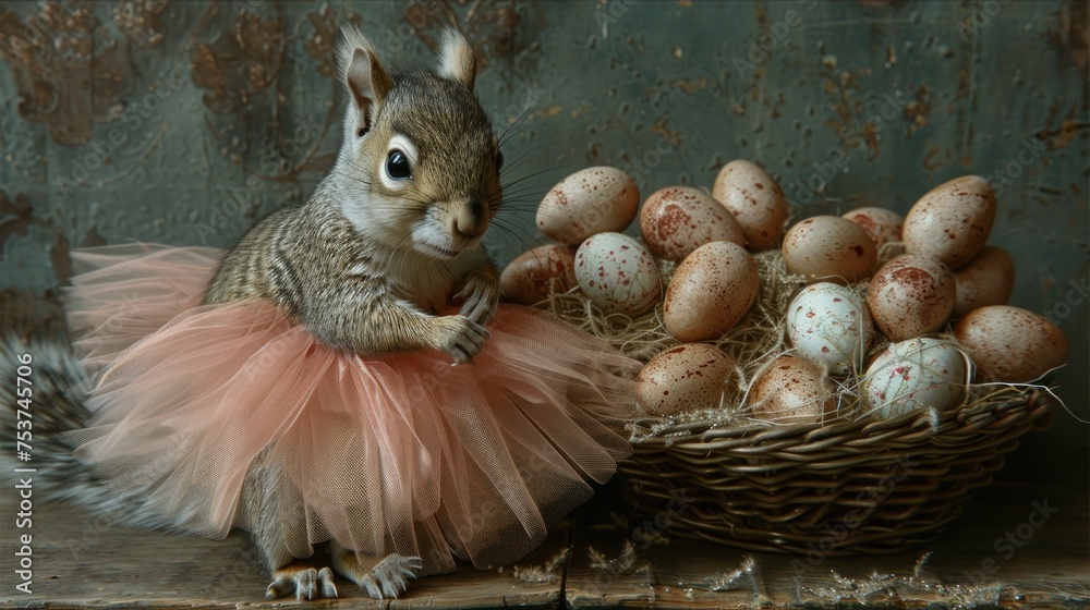 a squirrel in a tutu next to a basket of quails and a basket of quails.