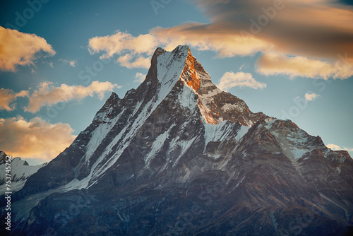 Sunset Alpenglow on Machapuchare Summit, View from Poon Hill, Nepal photo