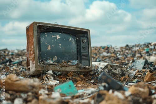 A vintage TV set rests atop a heap of garbage, abandoned and forgotten among the waste.