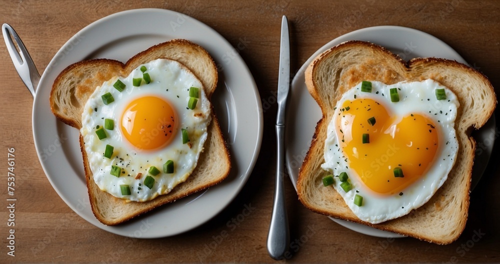 Illustrate a cozy kitchen scene with a plate featuring two heart-shaped fried eggs on toast. Pay attention to the realistic details of the eggs on the crispy toast, adding elements -AI Generative Illustrate a cozy kitchen scene with a plate featuring two heart-shaped fried eggs on toast. Pay attention to the realistic details of the eggs on the crispy toast, adding elements -AI Generative