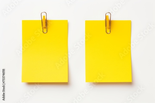 yellow adhesive notes with paper clip isolated on white background