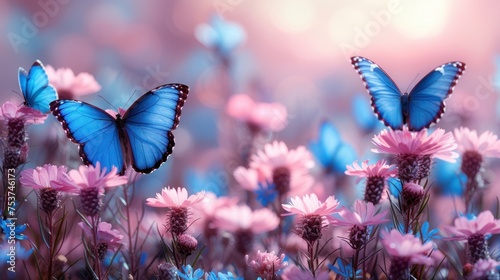 a couple of blue butterflies flying over a field of pink and purple flowers with a pink sky in the background. photo