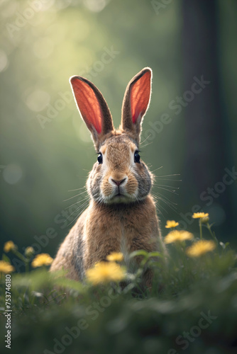 Hare in the forest in backlight. Rabbit sitting in the forest. Bunny sits looking at the camera. © Akova
