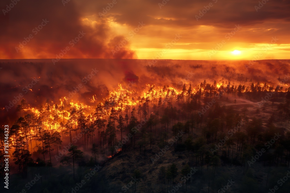 A raging wildfire consumes a forest, sending flames and smoke high into the air. - obrazy, fototapety, plakaty 