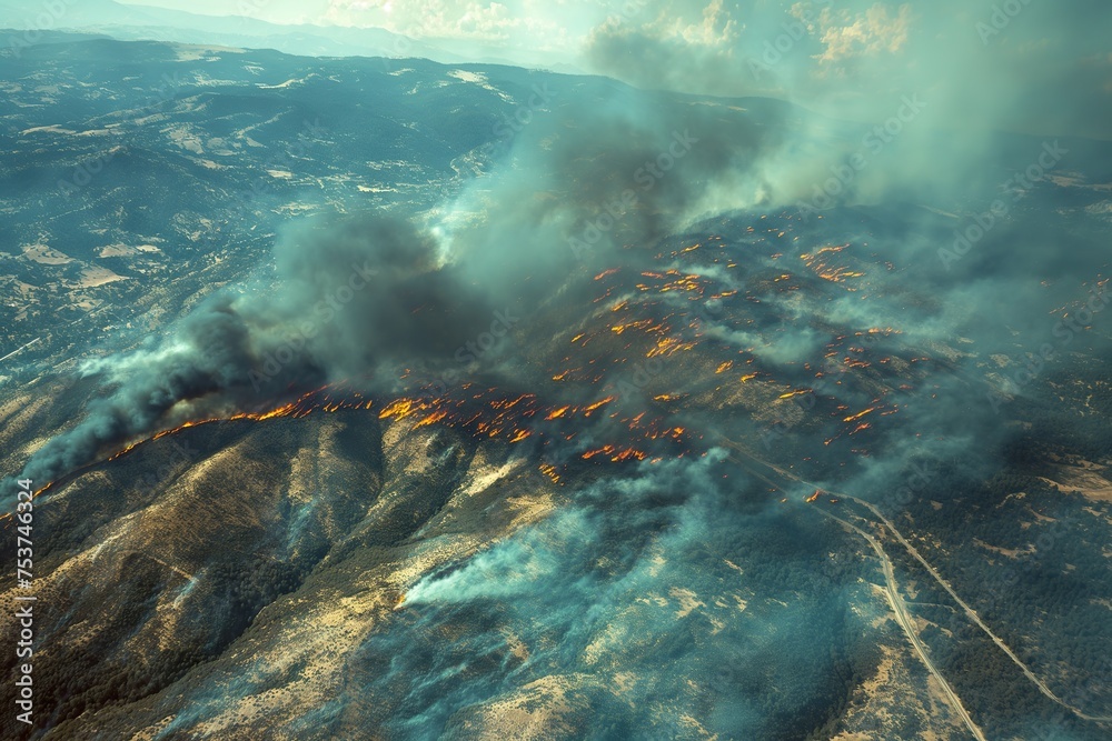 Aerial view of a raging wildfire tearing through the mountainous landscape.