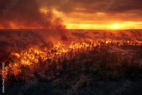 A raging wildfire consumes a forest, sending flames and smoke high into the air.