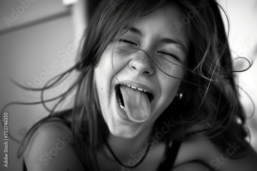A young girl cheekily sticks out her tongue while her hair is tousled by the wind. photo
