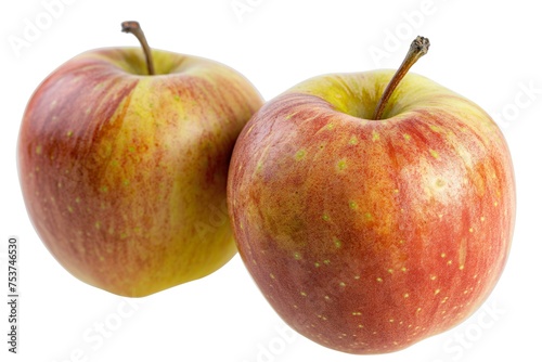 Two ripe red and yellow apples resting side by side on a white background.