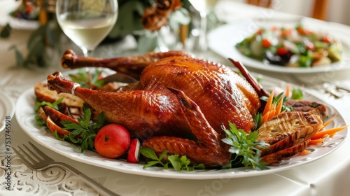 A festive dining table features a beautifully roasted turkey garnished with herbs and vegetables. The elegant setting includes fine china, glassware, and a decorative tablecloth.