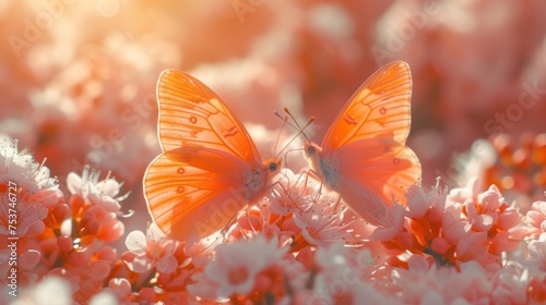 a close up of a butterfly on a flower with a sun light in the background and a blurry image of flowers in the foreground. photo